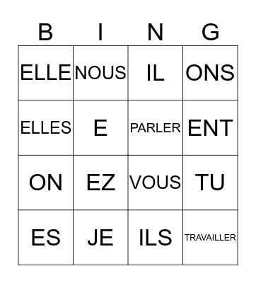 french 1 -er verbs and sub pronouns Bingo Card