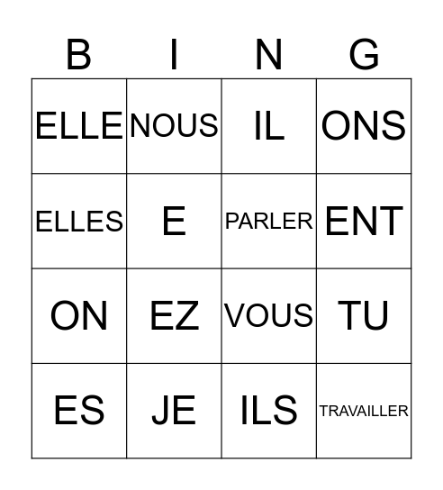 french 1 -er verbs and sub pronouns Bingo Card