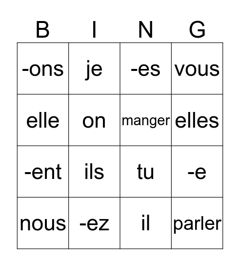 Francais 1 -er verbs and sub pronouns Bingo Card