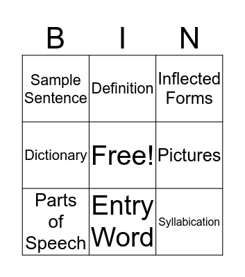 Dictionary Bingo 2018 Bingo Card