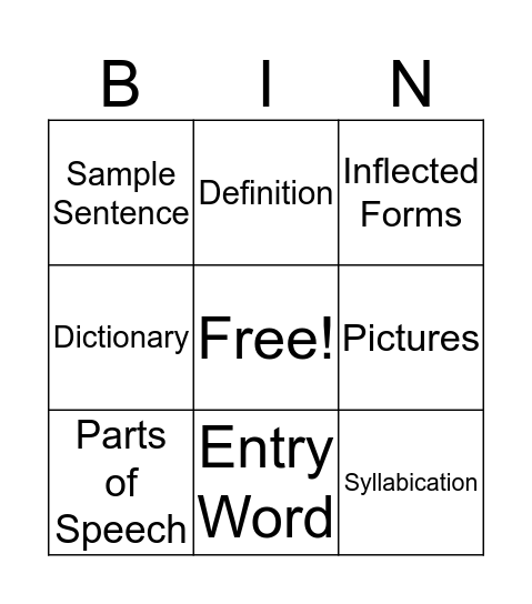 Dictionary Bingo 2018 Bingo Card