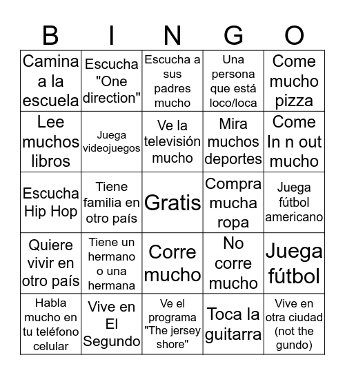 Español Bingo Card