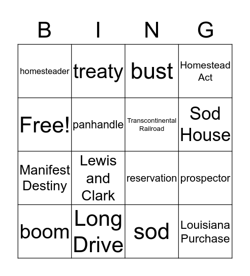 Westward Expansion Bingo Card