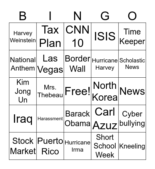 Current Events Bingo Card