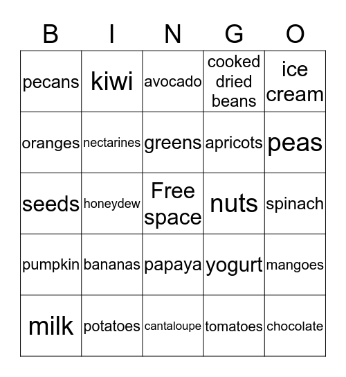 Poor Choice Potassium Foods Bingo Card