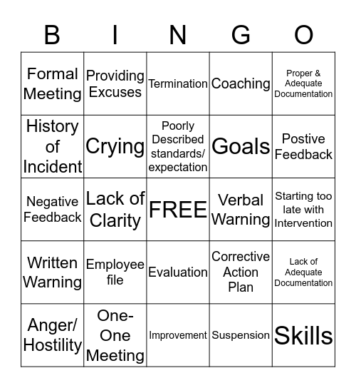 Progressive Discipline Bingo Card