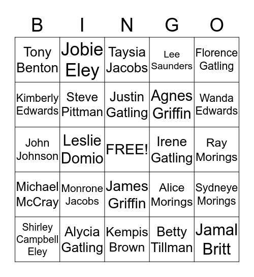 36th Gatling Family Reunion Bingo Card