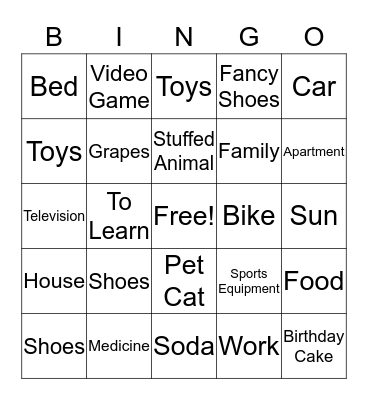 Wants and Needs Bingo Card