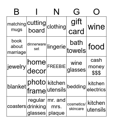 BRIDAL SHOWER GIFTS Bingo Card