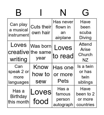 Getting to know you Bingo Card