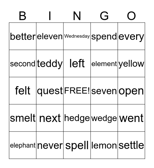 Short E Bingo Card