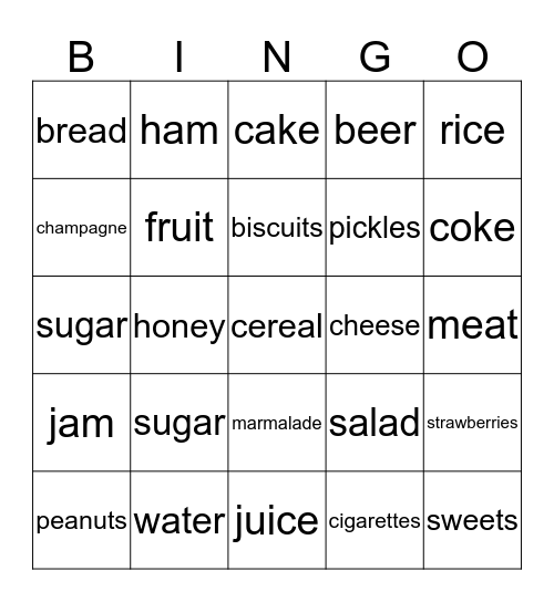 Foods and Containers Bingo Card