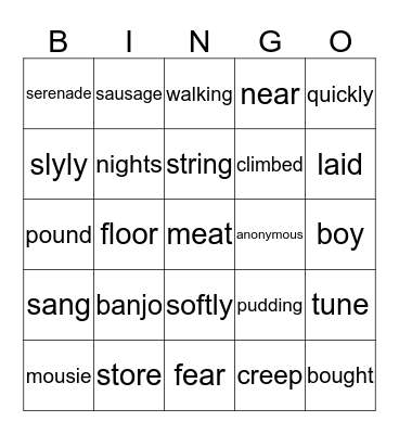 Poem vocabulary Bingo Card