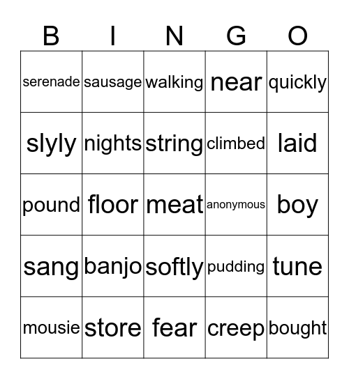 Poem vocabulary Bingo Card