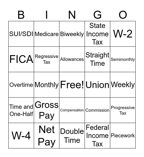Income and Deductions Bingo Card