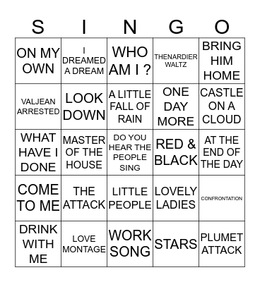127 LES MISERABLES SOUNDTRACK Bingo Card