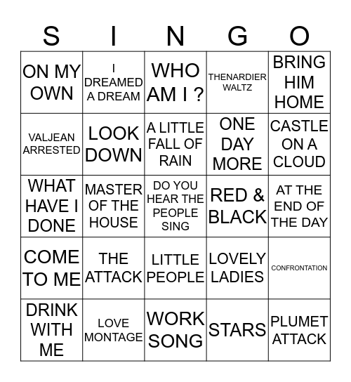 127 LES MISERABLES SOUNDTRACK Bingo Card