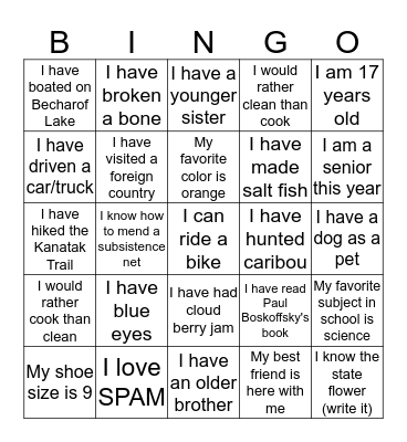 Fish and Wildlife Service Science and Culture Camp Bingo Card