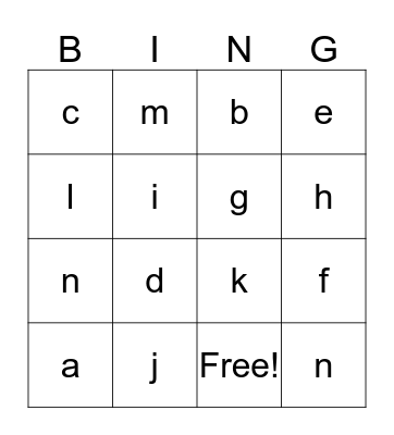 Know Your Letters Bingo Card
