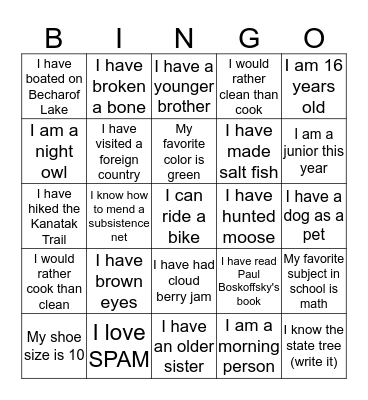 Fish and Wildlife Service Science and Culture Camp Bingo Card