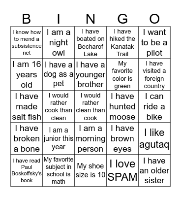 Fish and Wildlife Service Science and Culture Camp Bingo Card