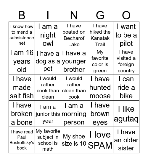 Fish and Wildlife Service Science and Culture Camp Bingo Card