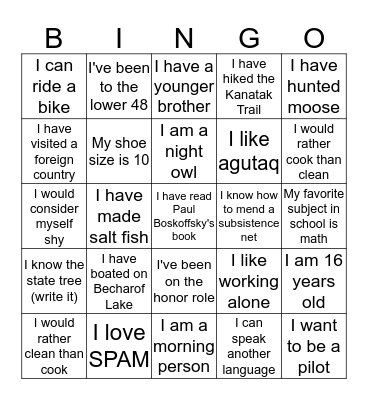 Fish and Wildlife Service Science and Culture Camp Bingo Card