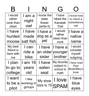 Fish and Wildlife Service Science and Culture Camp Bingo Card