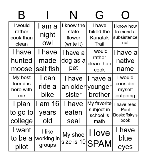 Fish and Wildlife Service Science and Culture Camp Bingo Card
