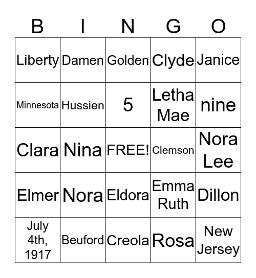 The Roberts Family Bingo Card