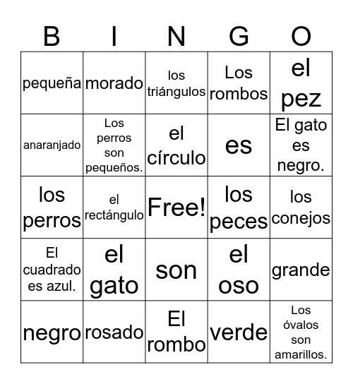 Los colores, las figuras y los animales Bingo Card