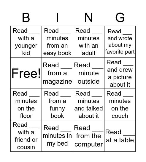 Reading At Home Bingo Card