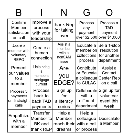 Collections EDGE Bingo Card