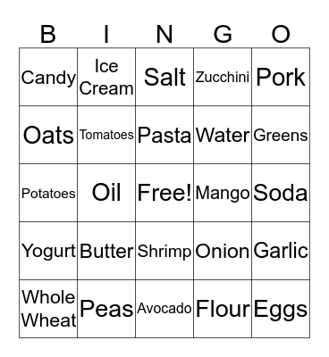 Nutrition Bingo Card