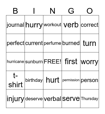 (er) Stressed Medial Position Bingo Card