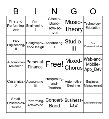 MHS Electives Bingo Card