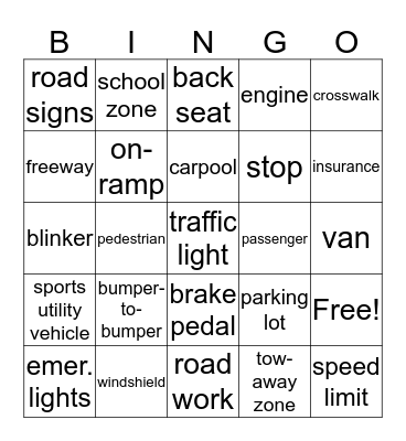 Cars Bingo Card