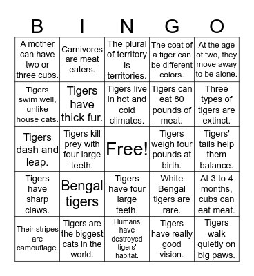 Predators Collection:   Tigers Bingo Card
