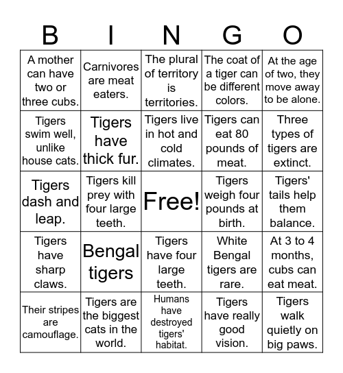 Predators Collection:   Tigers Bingo Card