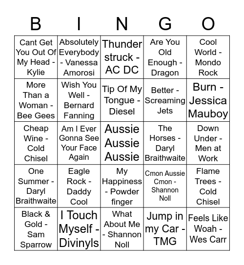 Aussie Icons Bingo Card