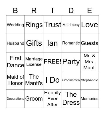 Stephannie's WEDDING Bingo Card