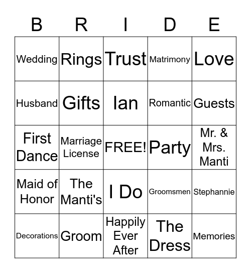 Stephannie's WEDDING Bingo Card