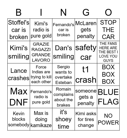 f1 Bingo Card