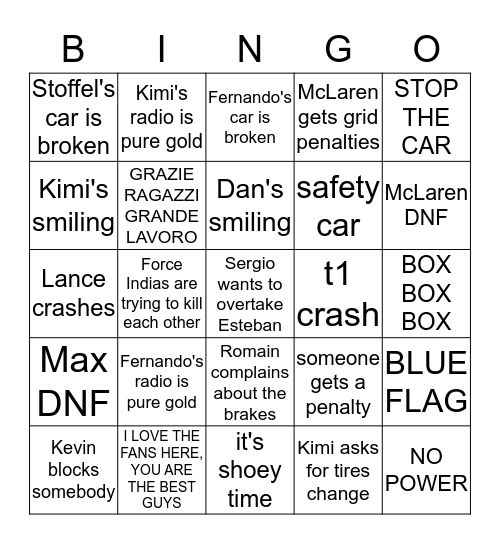 f1 Bingo Card