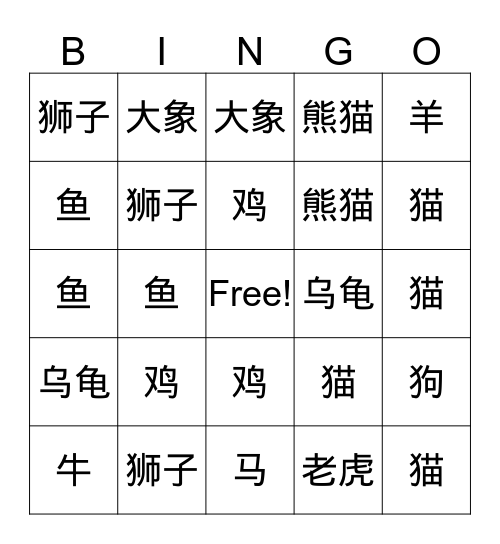狗 猫 牛 马 鸡 乌龟 大象 羊 鱼 老虎 猴子 熊猫 Bingo Card
