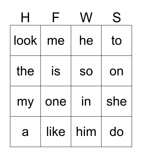 sight words Bingo Card