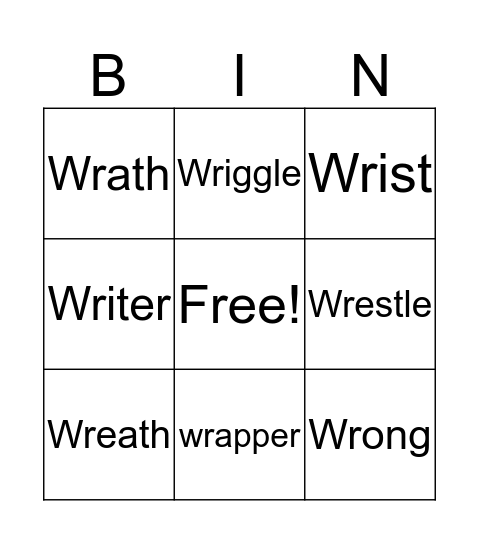 Wr words Bingo Card