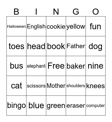 English Bingo Card