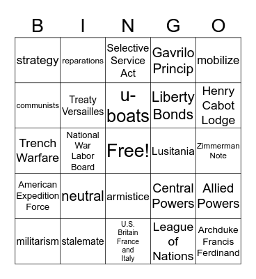 World War I Bingo Card