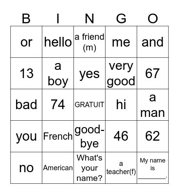 French 1; Lesson 1A-2A Bingo Card